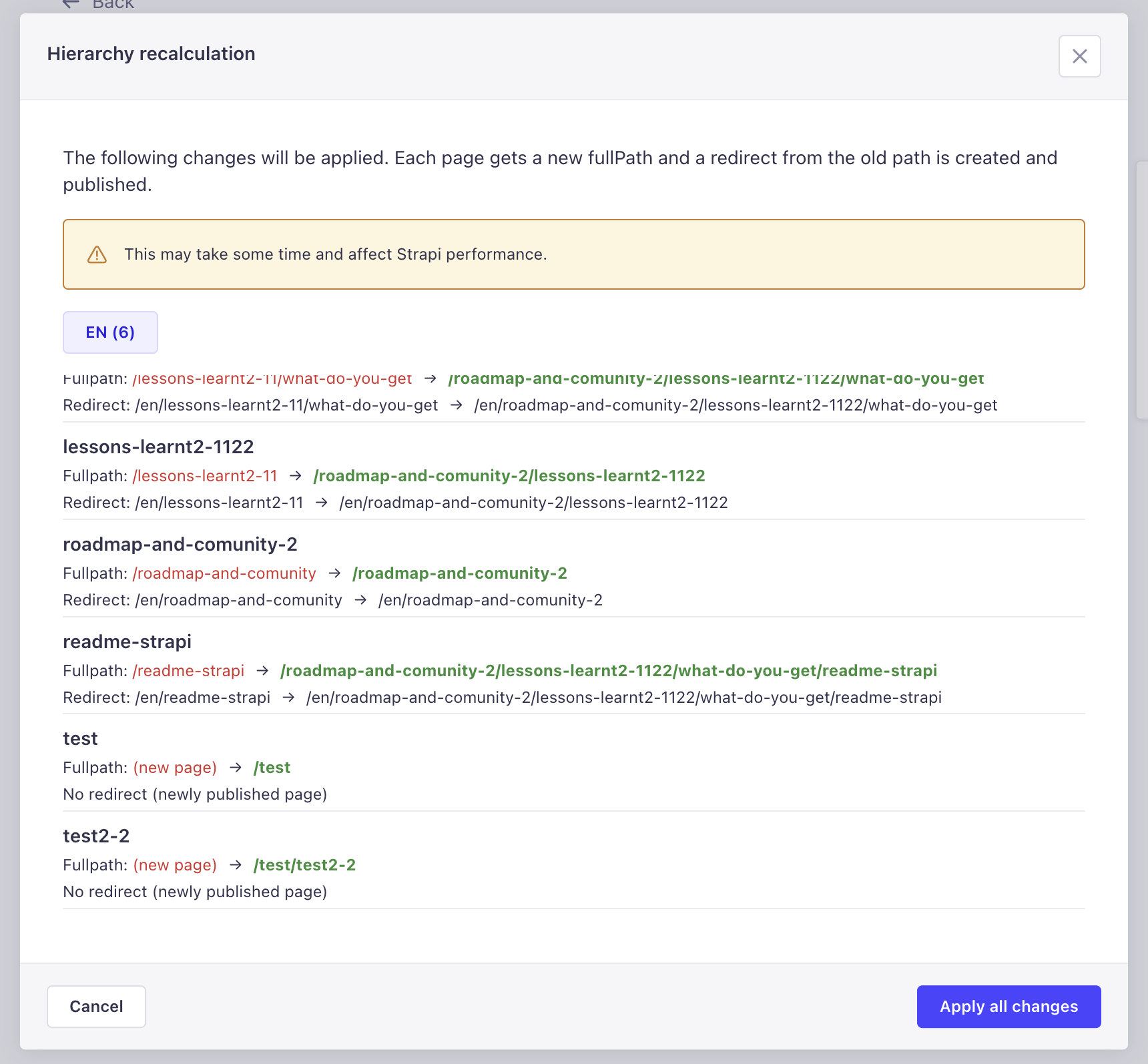 Hierarchy recalculation confirmation dialog listing the pending changes per locale before they are applied