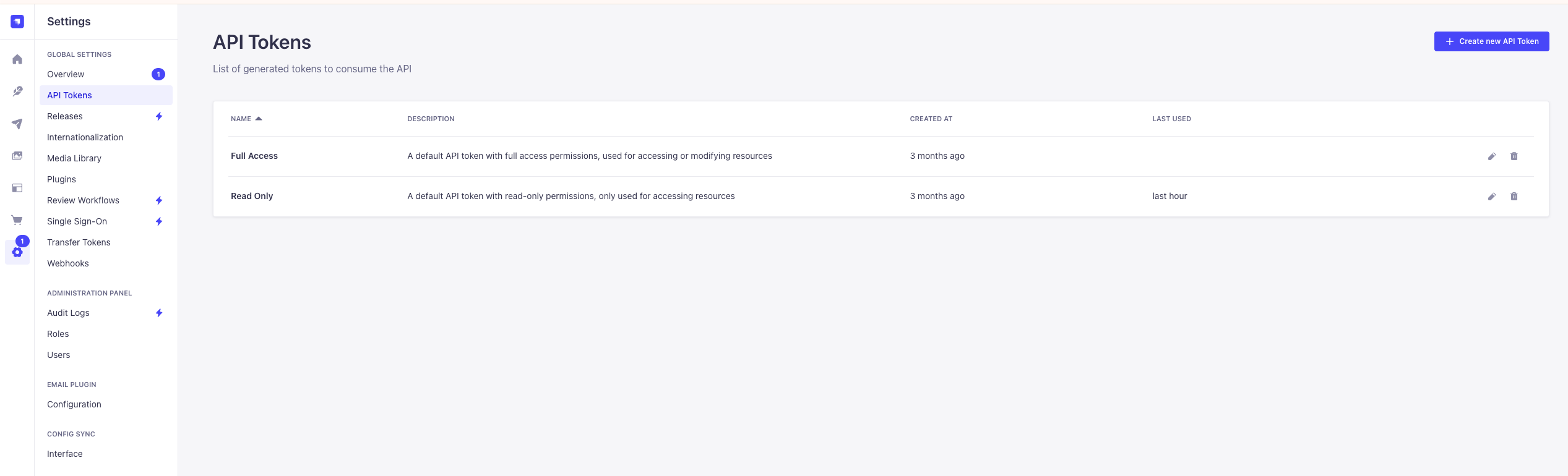 Strapi API Tokens screen with the seeded Read Only token